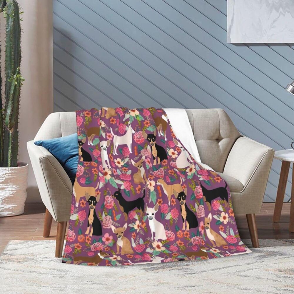 Chihuahua Dog Floral Pattern Flannel Throw Blanket Soft Cozy, Lightweight 80x60 - Picture 3 of 5